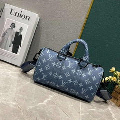 Keepall Bandouliere Monogram Travel Speedy With OG Magnetic Box & Dust Bag & Extra Pouch (Blue Mono - 961)