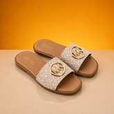 Tan Flat Slippers with Gold Accent