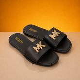 Black Flat Slippers with Gold Metallic Accent