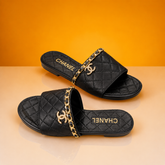 Black Quilted Slide Sandals with Gold Chain Detail