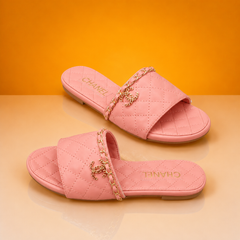 Pink Quilted Slide Sandals with Gold Chain Detail