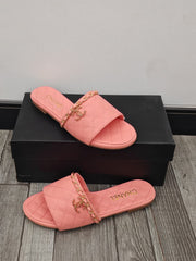 Pink Quilted Slide Sandals with Gold Chain Detail