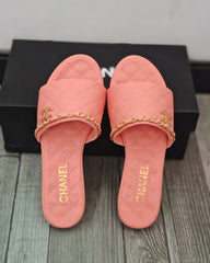 Pink Quilted Slide Sandals with Gold Chain Detail