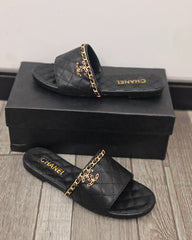 Black Quilted Slide Sandals with Gold Chain Detail