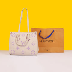 On The Go Monogram Premium Leather Tote Bag With Dust Bag (White Purple - 958)