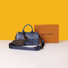 Keepall Bandouliere Monogram Travel Speedy With OG Magnetic Box & Dust Bag & Extra Pouch (Blue Mono - 961)
