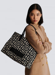 Monogram Leather Tote Bag With Dust Bag (Black-590)