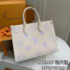 On The Go Monogram Premium Leather Tote Bag With Dust Bag (White Purple - 958)