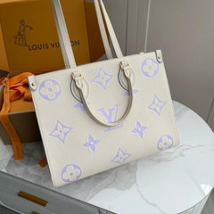 On The Go Monogram Premium Leather Tote Bag With Dust Bag (White Purple - 958)