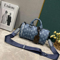 Keepall Bandouliere Monogram Travel Speedy With OG Magnetic Box & Dust Bag & Extra Pouch (Blue Mono - 961)