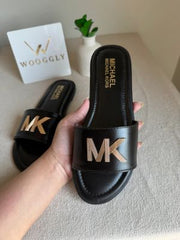 Black Flat Slippers with Gold Metallic Accent