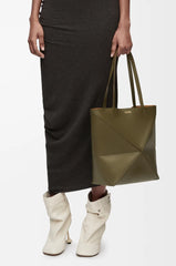 Medium Puzzle Fold tote in shiny calfskin Dark Khaki Green