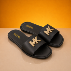 Black Flat Slippers with Gold Metallic Accent