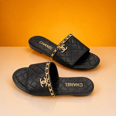 Black Quilted Slide Sandals with Gold Chain Detail