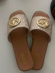 Tan Flat Slippers with Gold Accent