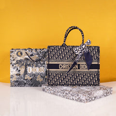 Book Tote Oblique Embroidery With OG Box & Dust Bag & Scarf Blue